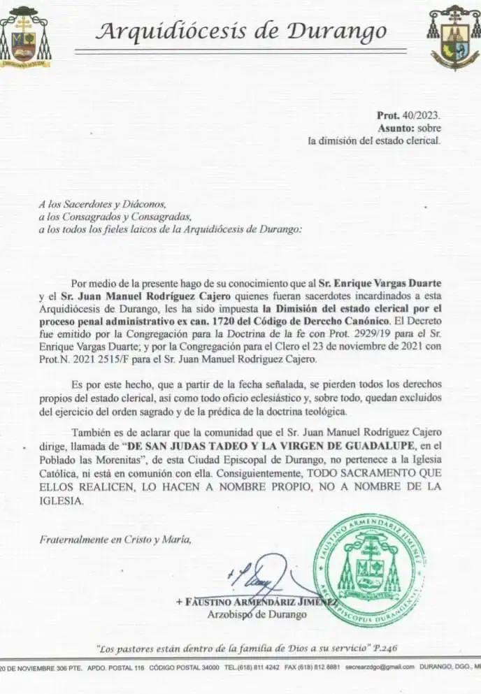 comunicado iglesia durango