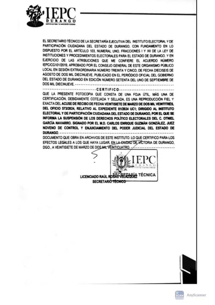 iepc durango uspension otniel garcia