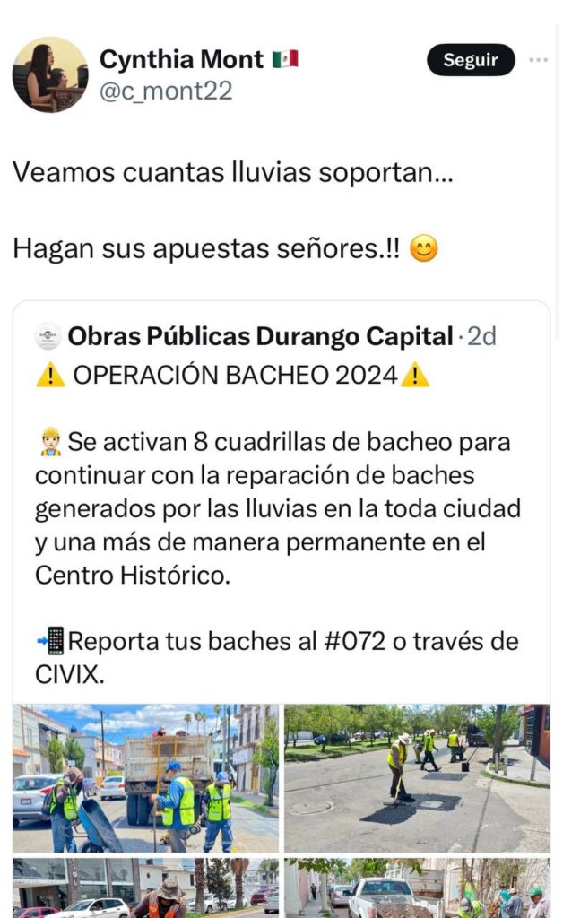 Durango al millón en… ¿baches? Los trabajos que se efectúan son de baja calidad y el mal estado de las calles causa fallas en los vehículos: Regidora y Diputada electa de Morena