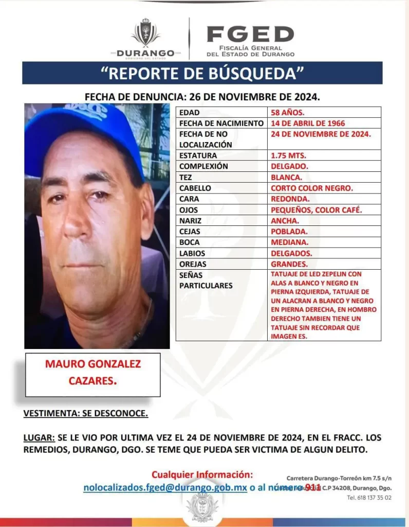 Buscan a 2 hombres desaparecidos tras acudir a un juego de béisbol en Durango
