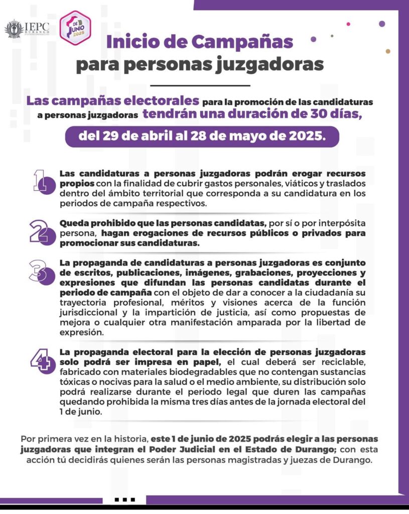Hoy inician campañas para elegir a jueces y magistrados en Durango