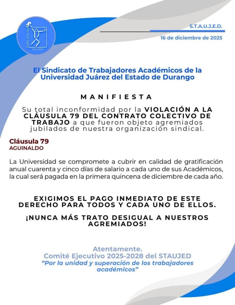 Aguinaldo en pausa: jubilados de la UJED toman el Edificio Central por falta de pago este 2025