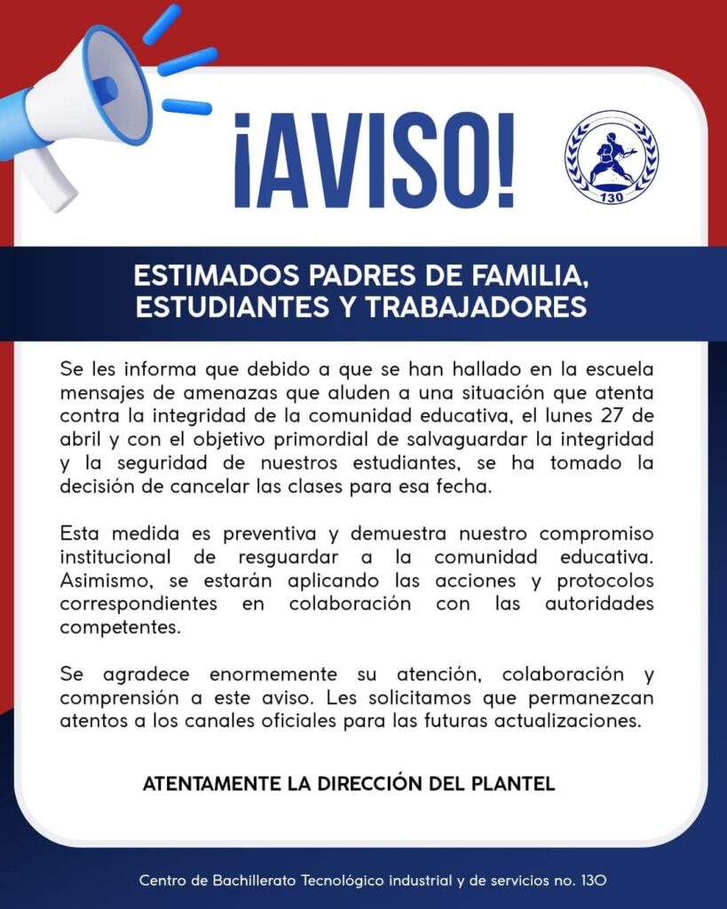 Suspenden clases en CBTis 130 de Durango tras amenazas y refuerzan seguridad de alumnos