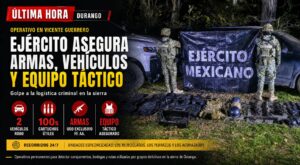 Ejército asegura arsenal y vehículos robados durante operativo en Vicente Guerrero, Durango