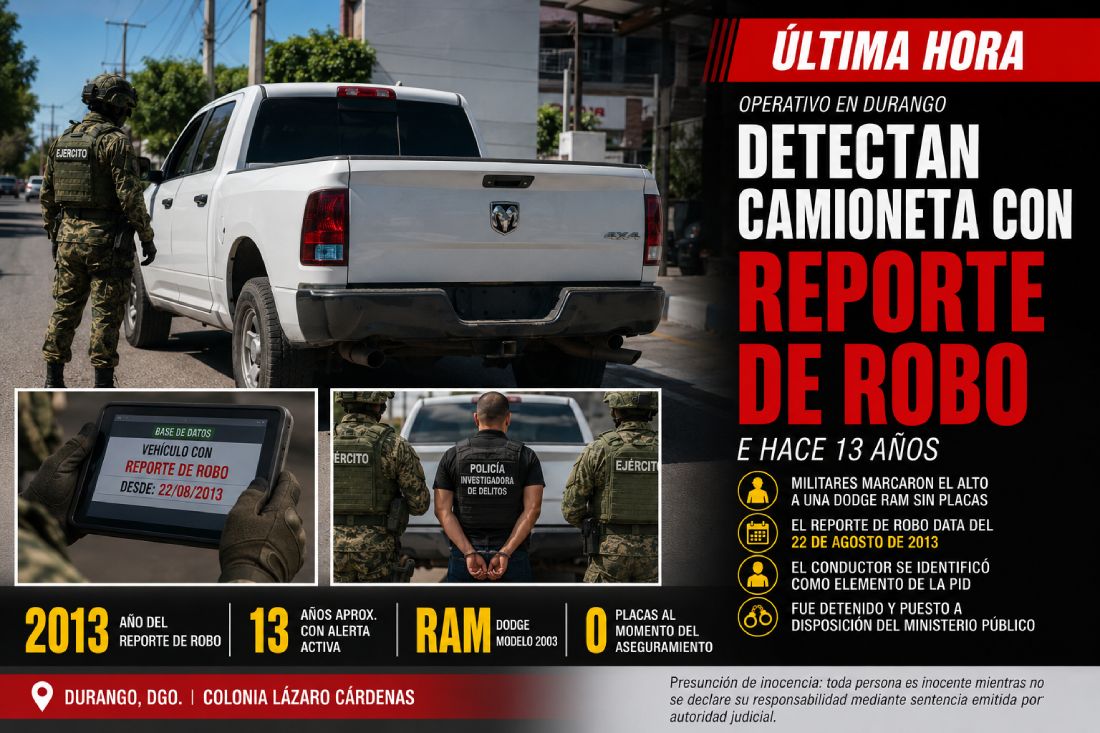 Ejército detiene a presunto policía investigador con camioneta con reporte de robo de hace 13 años en Durango