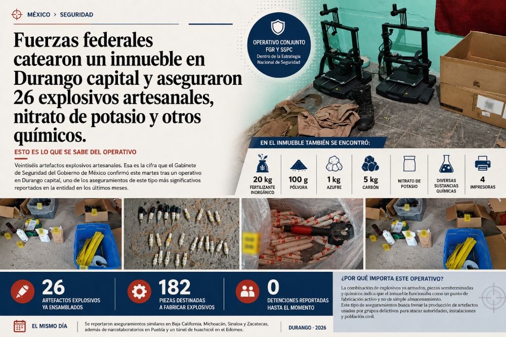 Detectan en Durango un taller clandestino con 26 explosivos artesanales listos para usarse