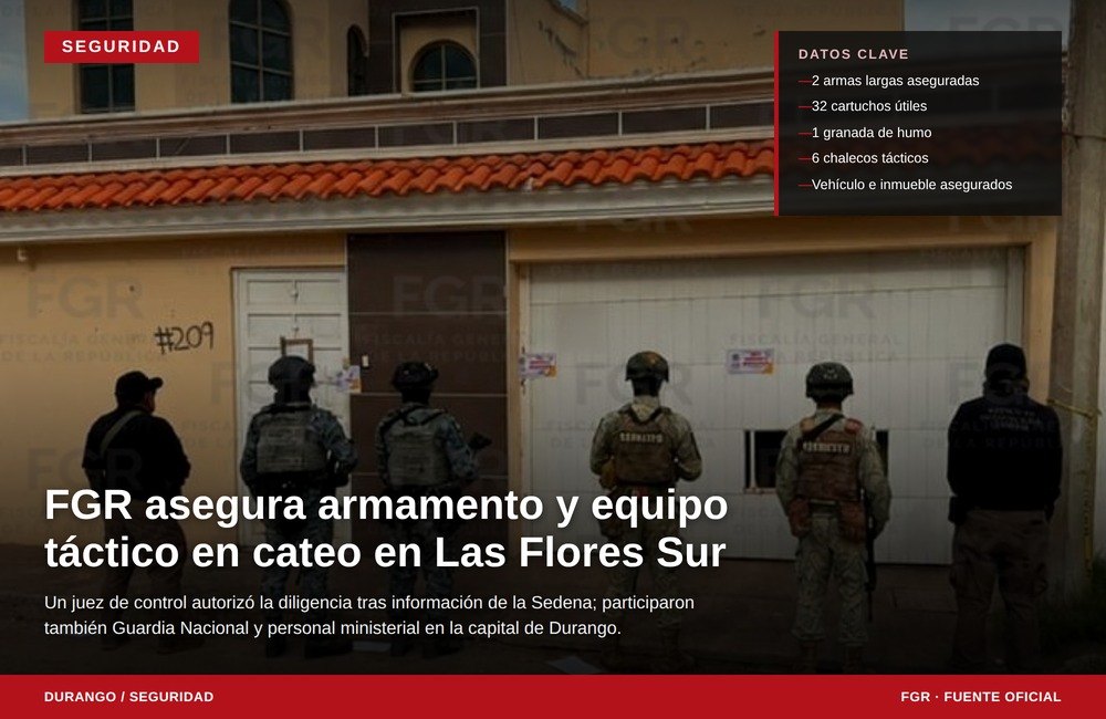 Cateo en la colonia Las Flores Sur, Durango, deja aseguramiento de armas largas, chalecos tácticos y una granada de humo