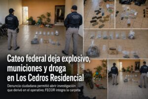FGR asegura explosivo artesanal, cartuchos y droga durante cateo en el Fraccionamiento Los Cedros, Durango