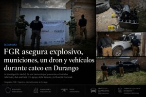 FGR informa sobre aseguramiento de explosivo, dron y vehículos tras cateo en la colonia Dolores del Río, Durango