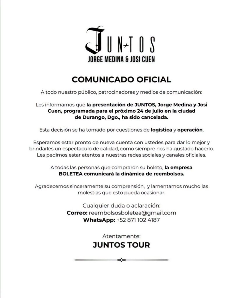 Jorge Medina y Josi Cuen cancelan su concierto en la Feria Villista 2026 de Durango (1)
