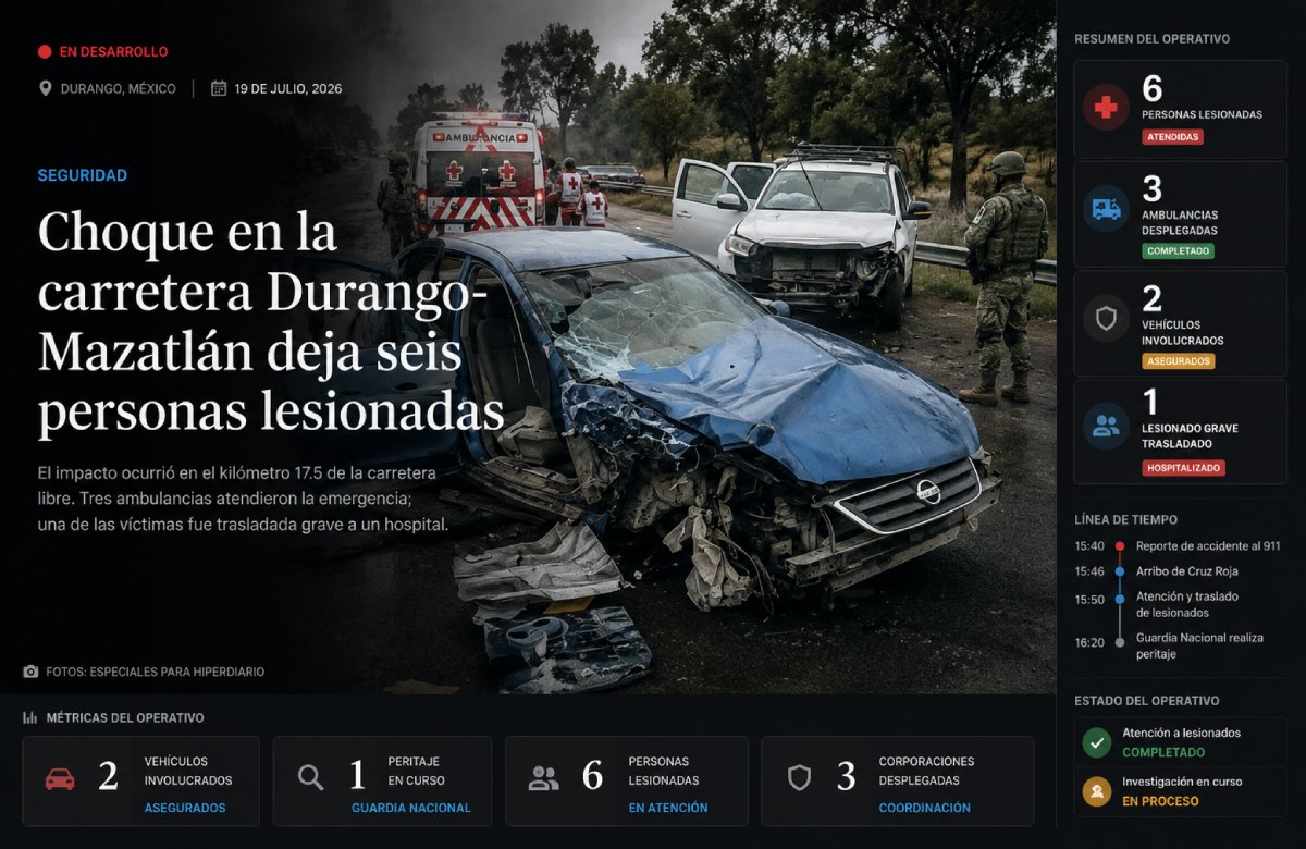 Seis personas resultan heridas tras fuerte choque en la carretera Durango-Mazatlán