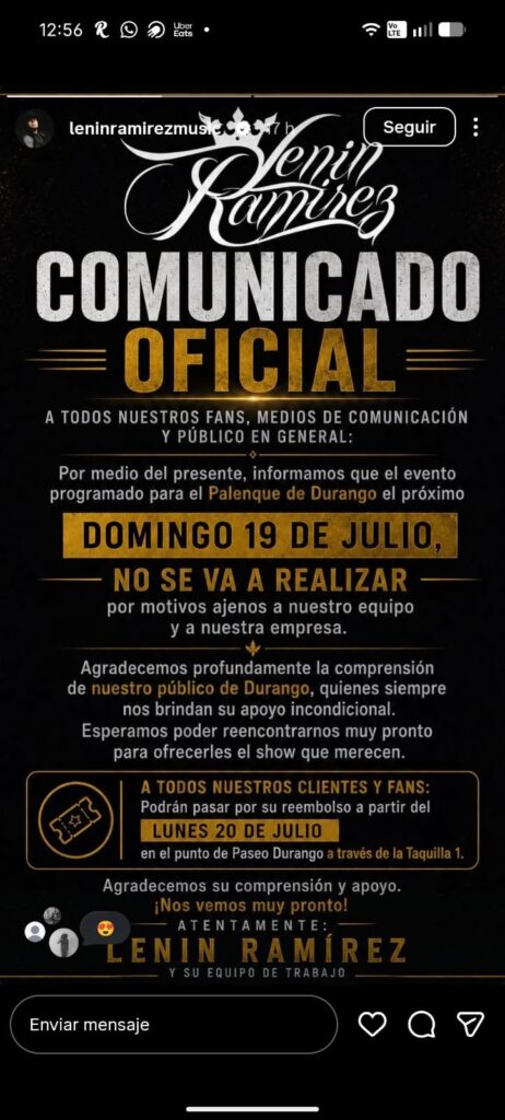 Lenin Ramírez también cancela su presentación en el Palenque de la Feria Durango 2026