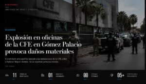 Explosión de artefacto artesanal daña fachada de la CFE en el Parque Industrial Lagunero