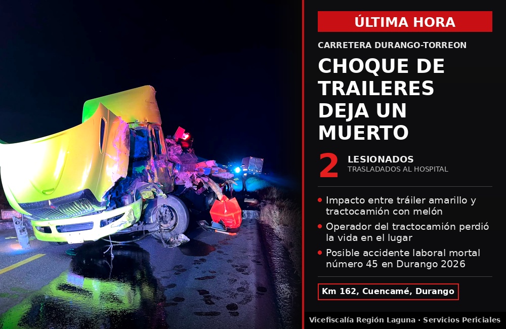Impactante choque entre dos tráileres en la carretera Durango-Torreón deja un muerto y dos lesionados