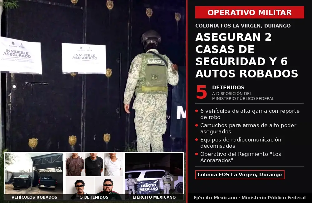 Ejército asegura 2 casas de seguridad y 6 vehículos robados en operativo contra el crimen organizado en Durango