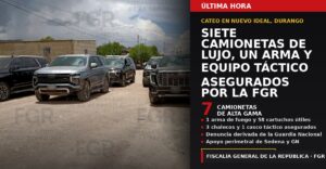 Siete camionetas de alta gama y equipo táctico: lo que aseguró la FGR en Nuevo Ideal, Durango