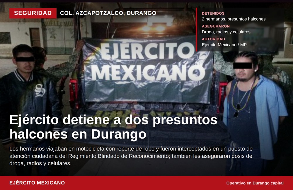 Ejército detiene a dos presuntos halcones en Durango; viajaban en motocicleta con reporte de robo