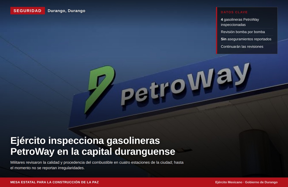 Ejército revisa cuatro gasolineras PetroWay en Durango; gobernador anticipa nuevos operativos