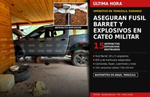 Ejército y FGR aseguran explosivos, un fusil Barret y vehículos en cateo realizado en Tamazula, Durango