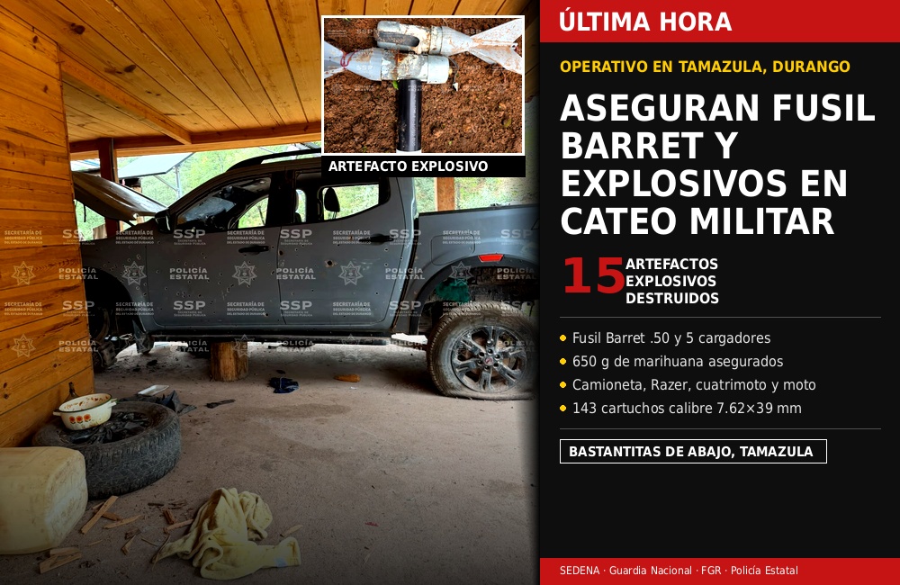 Ejército y FGR aseguran explosivos, un fusil Barret y vehículos en cateo realizado en Tamazula, Durango