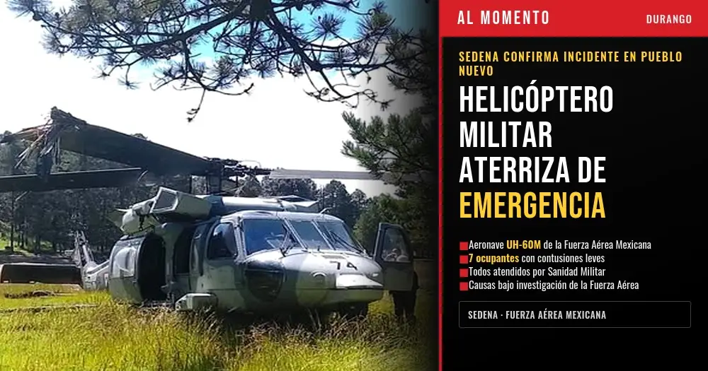 Vídeo: Accidente de helicóptero UH-60M de la Fuerza Aérea Mexicana en Pueblo Nuevo, Durango deja siete lesionados