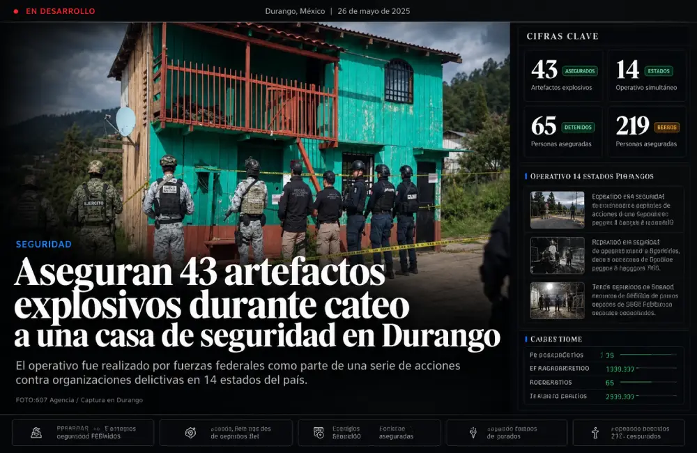 Defensa y GN aseguran 43 artefactos explosivos en Tamazula, Durango, durante cateo a una casa de seguridad