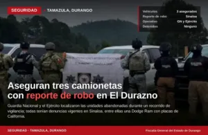 Guardia Nacional y Defensa aseguran 3 camionetas con reporte de robo en Tamazula, Durango