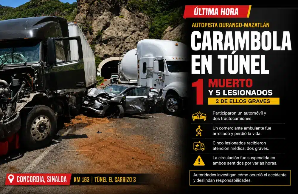 Tráiler provoca accidente múltiple en la Durango-Mazatlán; hay un fallecido y cinco lesionados