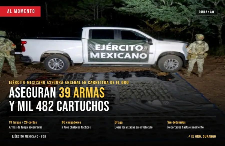 Ejército asegura 39 armas y mil 482 cartuchos en El Oro, Durango