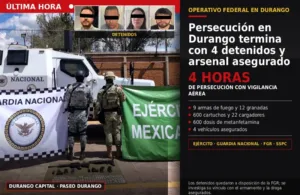 Oficial: Persecución en Durango termina cerca de Paseo Durango con cuatro detenidos, droga y un arsenal